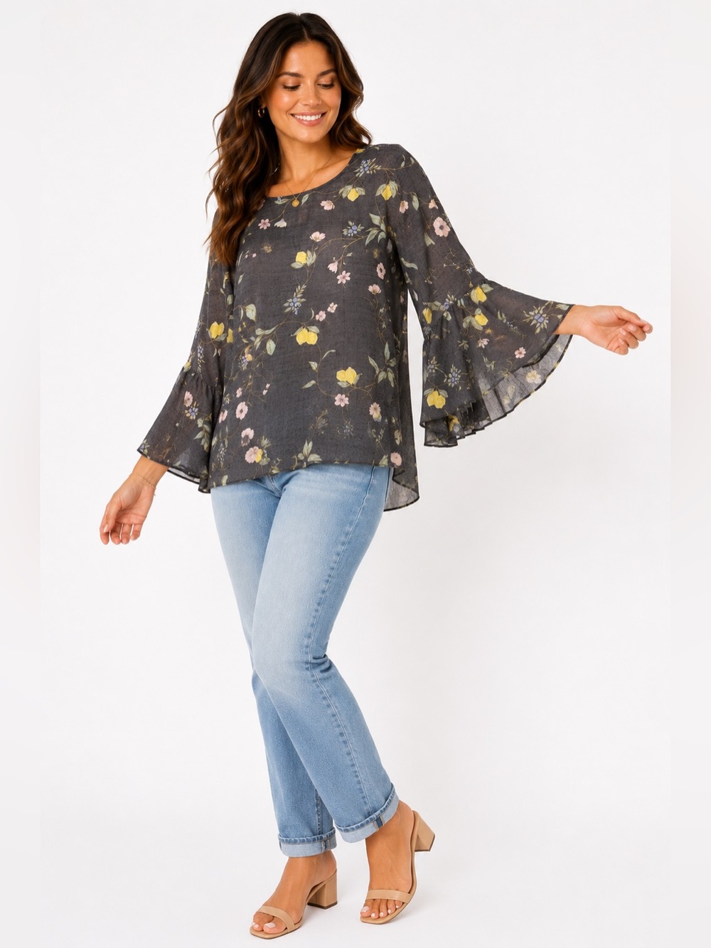 LC Lauren Conrad Floral Bell Sleeve Blouse Gray Yellow Boho Top Size L